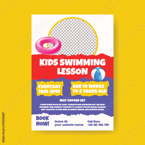 Child Swimming Lesson print flyer or poster design, kids summer camp leaflet, brochure cover vector template design