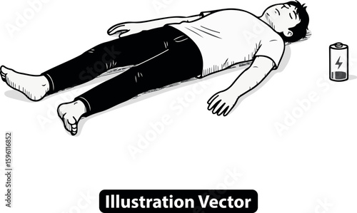 Exhaustion Illustration Man Lying Down with Low Battery Symbol, Representing Burnout and Complete Drained Energy
