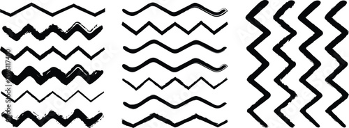 Wave thin line Set of wavy - curvy and zigzag lines  pattern. Squiggle zig zag frame with wiggle. Set of grungy vector hand-drawn patterns. Black grunge ink brush strokes on white background.