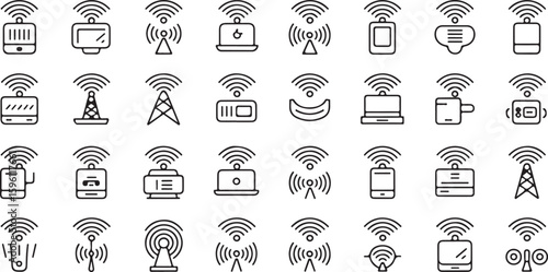 A series of 40 minimalist black and white line icons representing wireless technology, internet connectivity, and communication signals.