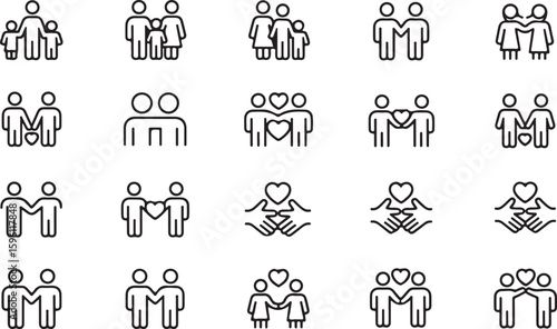 Minimalist black line art icon set showing diverse families, same-sex couples, love, and community support symbols.