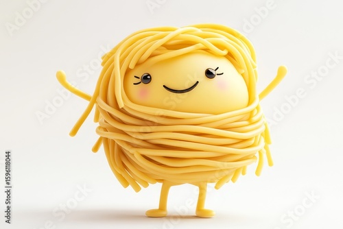 A joyful pasta character with noodle hair and spaghetti body, smiling happily with arms raised. A cute food mascot concept illustration.