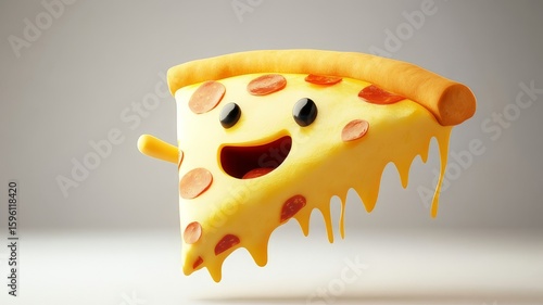 A cheerful 3D illustration of a cute pepperoni pizza slice character with a smiling face and melting cheese.