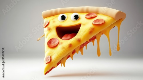 A cheerful 3D illustration of a happy pizza slice character with gooey melted cheese and pepperoni. Perfect for playful food themes and appetizing culinary designs.