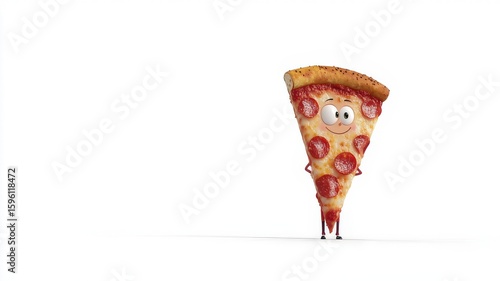 An adorable pepperoni pizza slice character with a smiling face. A funny food mascot illustration with dripping cheese isolated on a clean background.