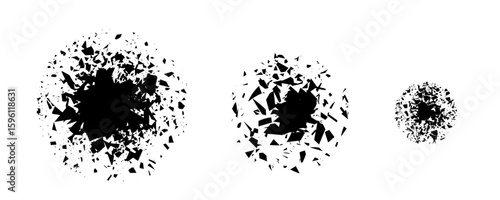 Broken black glass. Shatter explode effect, abstract fragments explosion
