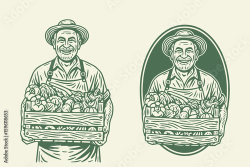 Farmer man with vegetables crate engraving vector illustration