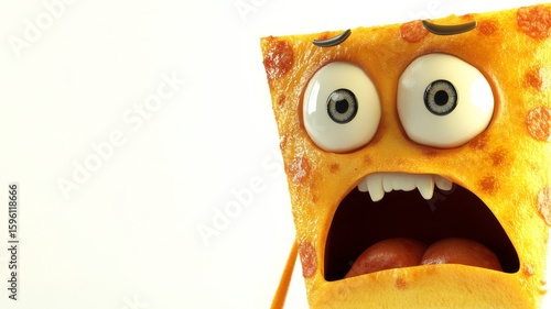 Comical 3D anthropomorphic pizza character in extreme shock, wide eyes and gaping mouth on white. Humorous food illustration, surprising emotion concept.