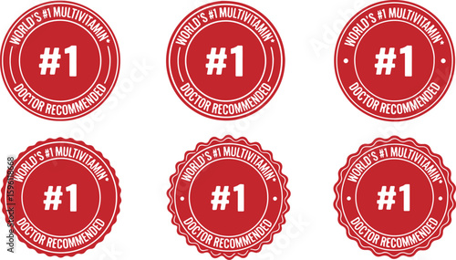 Red circular seals with white text and number one badge, red, white, circular, seal, badge, stamp, award, recognition, number one, multivitamin, doctor recommended, health, wellness, endorsement, cert