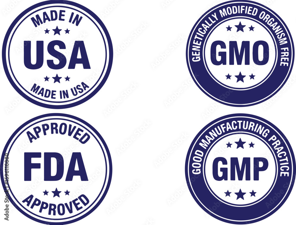 Obraz premium Made in Usa Fda Approved Gmo Gmp Seals gmo free, made in usa, fda approved, gmo free, gmp, seal, stamp, certification, quality, compliance, regulation, blue, white, stars, text, graphic, emblem, badge