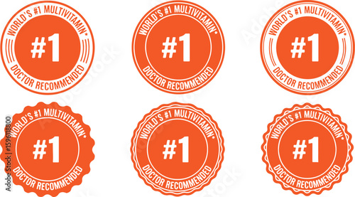 Orange circular badges with white text and number one, orange, white, circular, badge, seal, stamp, number one, multivitamin, doctor recommended, award, endorsement, certification, quality, health, su