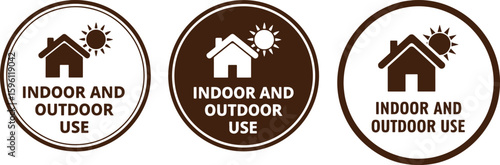 House sun indoor outdoor use emblem vector, house, sun, indoor, outdoor, use, emblem, symbol, graphic, design, brown, white, circular, icon, text, information, label, warning, caution, safety, directi