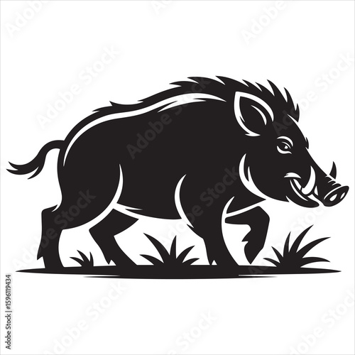 Black And White Silhouette Of A Wild Boar Walking Through Grass.