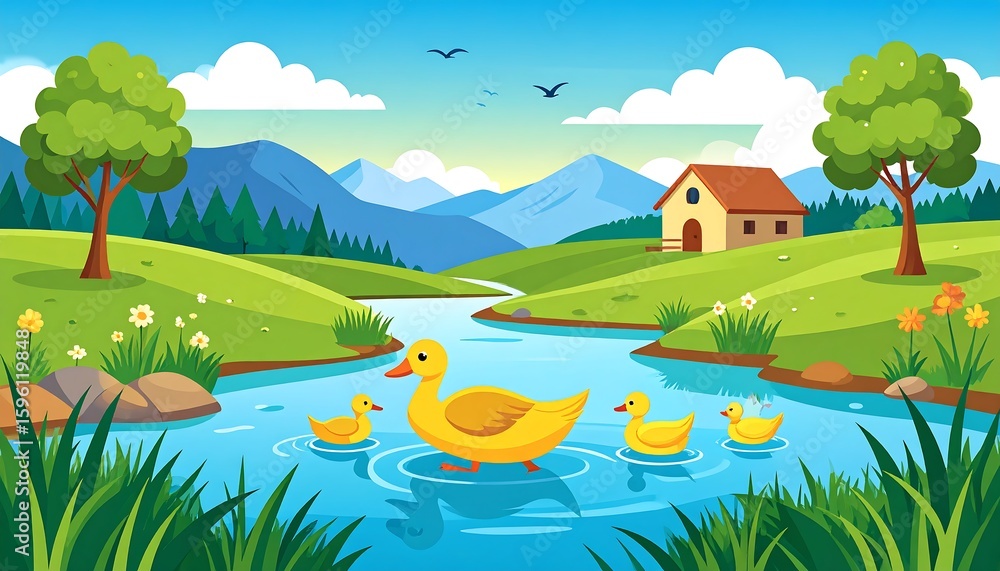 Obraz premium Duck Family River Valley Scene.