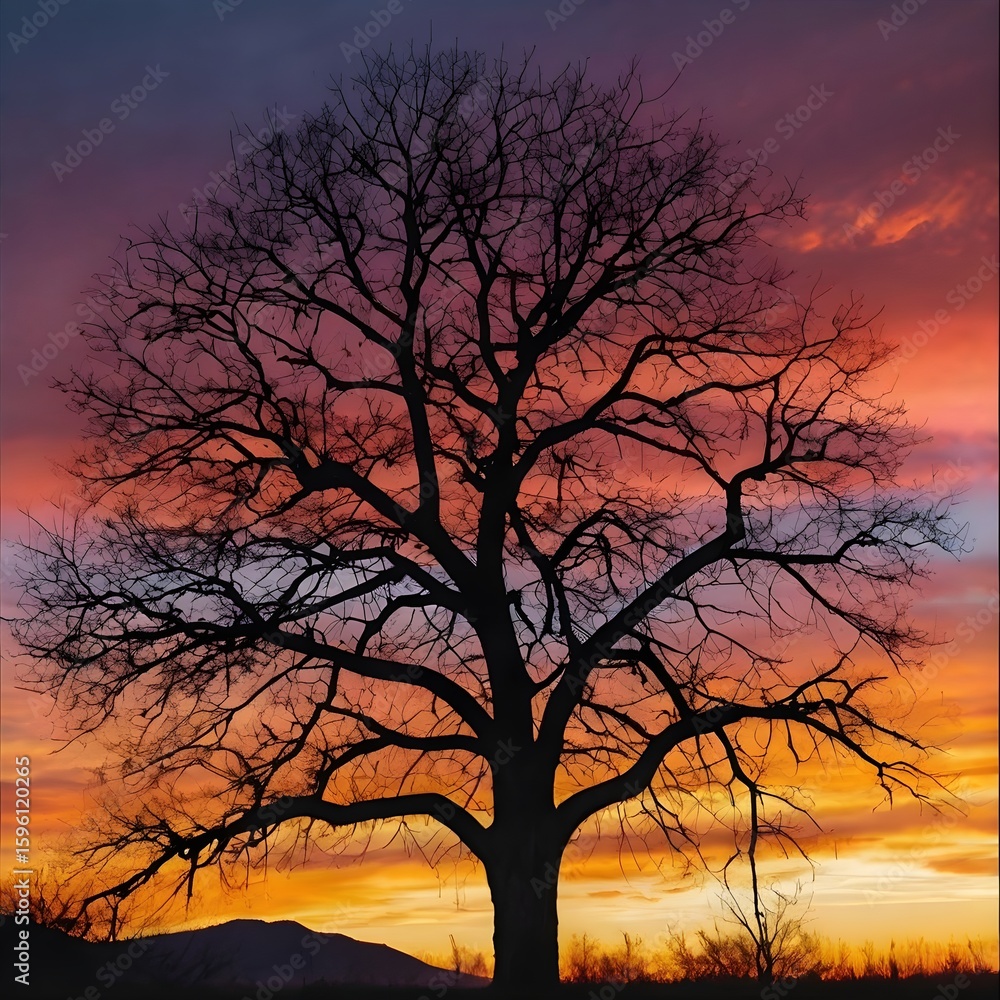 A single leafless tree silhouette standing against a vibrant sunset sky, warm gradient colors, poetic and emotional mood, no people,Generative Ai
A single leafless tree silhouette standing against a vibrant sunset sky, warm gradient colors, poetic and emotional mood, no people,Generative Ai