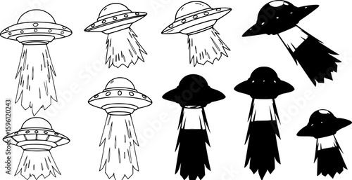 set of UFO Flying Saucer and Beam Clipart Set - Outline, Silhouette and Color.
on white background