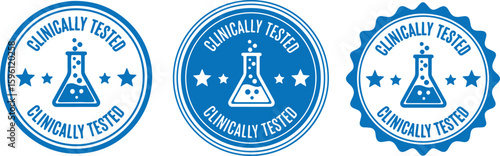 Blue circular seal with laboratory flask and stars, blue, circular, seal, laboratory, flask, stars, clinically tested, science, research, quality, certification, approval, laboratory equipment, scient