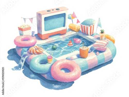 Whimsical watercolor scene of floating outdoor movie screen on inner tube in lively pool party setting