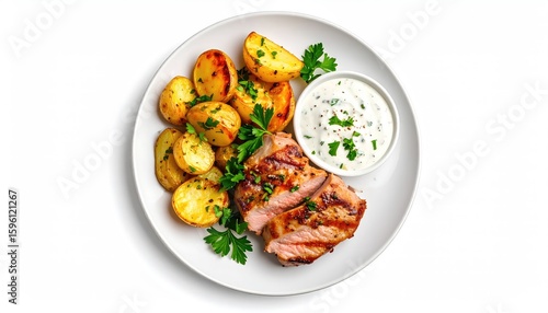 Grilled Pork Tenderloin with Roasted Potatoes and Creamy Sauce