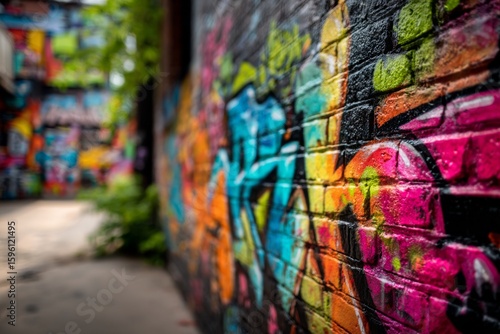 Colorful street art wall featuring graffiti textures, showcasing vibrant urban background 
