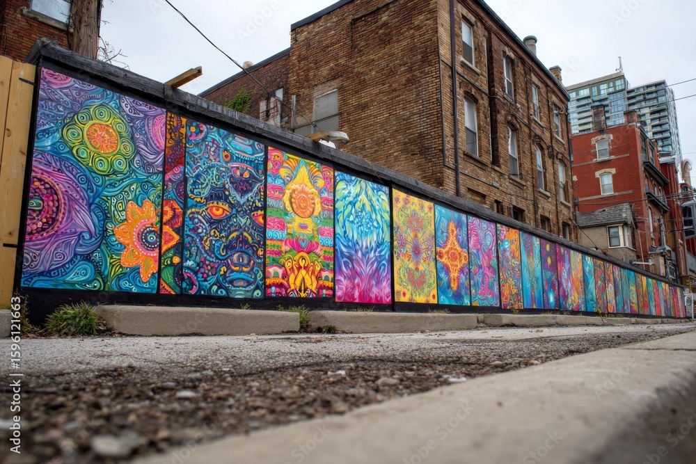 Naklejka premium Colorful street art wall featuring graffiti textures, showcasing vibrant urban background 