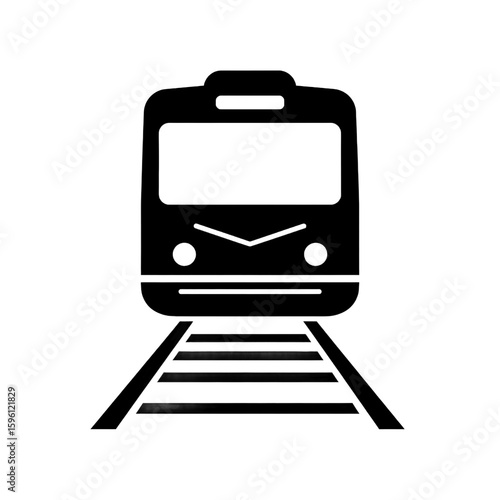 This is a black and white icon of a train on tracks, representing public transportation.