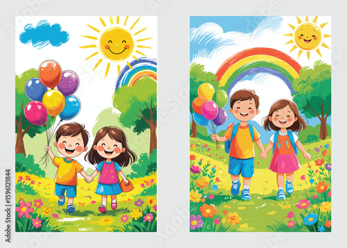 Happy Children Holding Balloons In Garden Book Cover Illustration