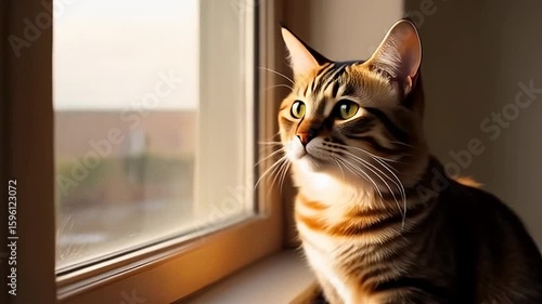 Cat Looking Out Window Calmly in Morning Light Indoor