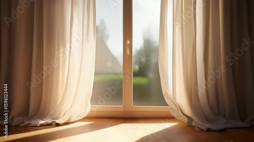 Sunlight Streaming Through Window with Flowing Curtains Slow Motion