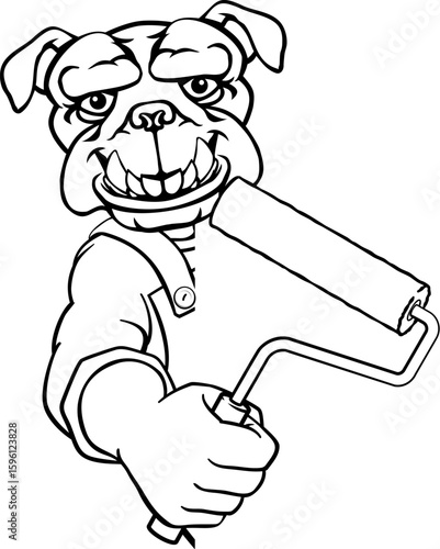 A bulldog painter decorator handyman cartoon construction man mascot character holding a paint roller tool