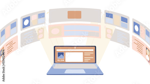 Laptop displaying multiple web pages in a panoramic view with various content and layout designs shown