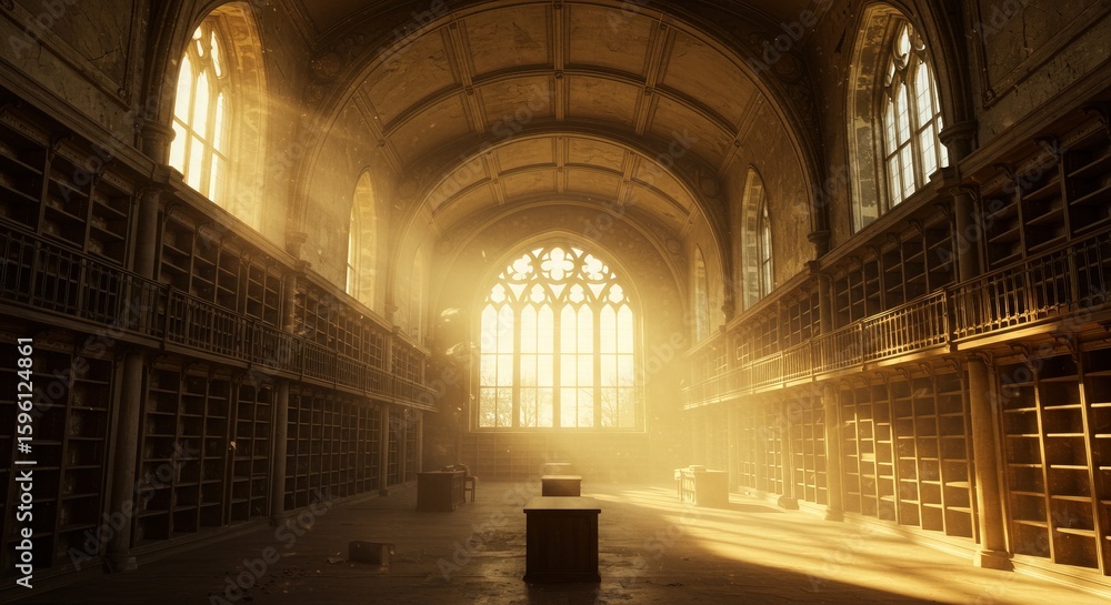 Obraz premium Grand ancient library interior bathed in golden sunlight streaming through gothic window