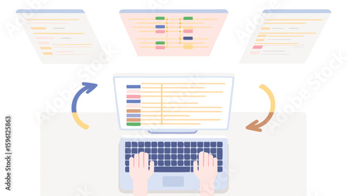Hands typing on laptop with floating documents and arrows illustrating workflow process online data entry