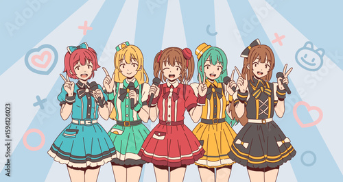 Korean or Japanese idol k-pop singing band. Five animated girls in vibrant dresses singing joyfully. Each holds a microphone and poses energetically. Soft pastel background