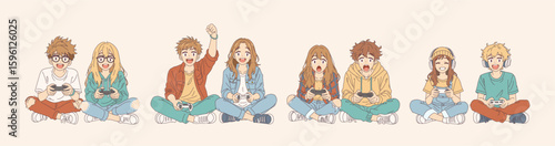 Anime teenagers enjoying video games together. The colorful and cheerful atmosphere showcases a sense of community and excitement. Ideal for youth and gaming themes.