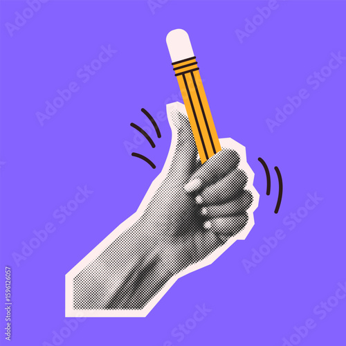 Pop art style illustration of a hand gripping a pencil on a vibrant purple background. The image uses bold colors and dot shading to create a retro feel.
