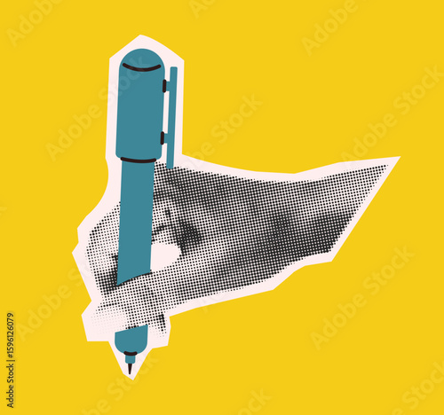 Illustration of a hand holding a pen in pop art style. Dominated by yellow and blue colors. Captures creativity and retro vibe on a bold background.