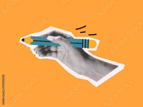 Pop art illustration of hand holding blue pencil. Vibrant orange background enhances creative and retro feel. Ideal for design concept art and education themes.
