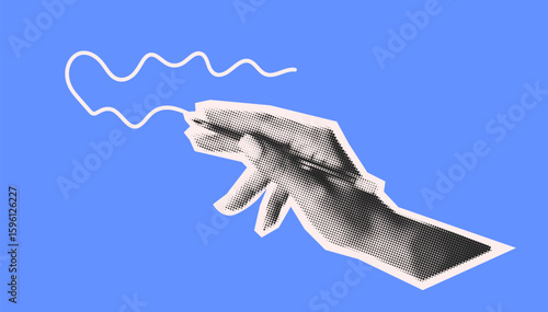 Stylized halftone illustration of a hand creating a wavy line on a blue background. Monochrome hand contrasts with vibrant blue, showcasing creativity and artistic expression.