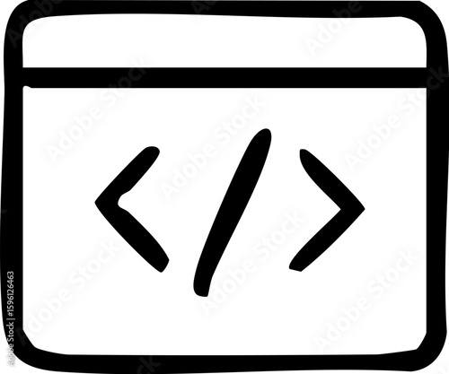 Simple black and white icon of a browser window with code tag for programming.