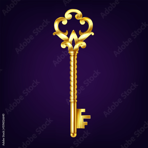 Illustration of an ornate golden key with intricate details against a dark purple background. The elegant design evokes a sense of mystery and sophistication.