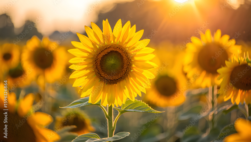 Fototapeta premium Bright yellow sunflowers bloom under a blue sky in a beautiful summer field, showcasing nature's vibrant agriculture