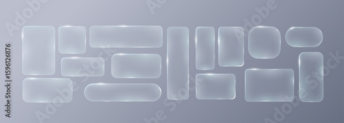 Set of frames and design UI UX elements in the style of liquid glass. Rectangular frosted glass elements. Modern and sleek design suitable for websites and user interfaces.