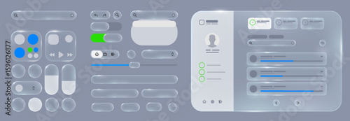 Set of frames and design UI UX elements in the style of liquid glass with translucent and frosted effect. Featuring buttons and sliders in blue and gray, its perfect for modern app designs.