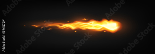 Fireball. Bright, fiery streak across a dark backdrop. Dynamic orange and yellow flames create intense visual impact. Perfect for energy, speed, or power themes.