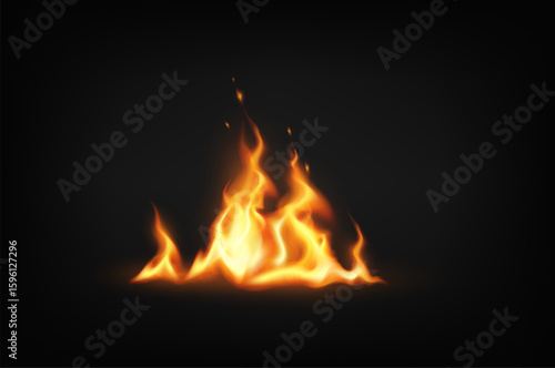 Realistic fire illustration with bright flames dancing on a dark backdrop. The orange and yellow hues evoke warmth and intensity. Ideal for dramatic themes.