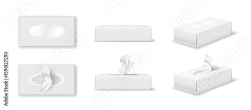Collection of tissue box mockups displayed in different positions. White color scheme for branding and packaging design showcases clean and minimalist style.