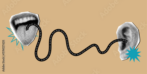 Trendy halftone collage female shouting mouth and ear,blah text on ribbon,trendy collage element