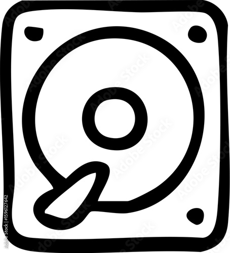Simple handdrawn line art icon of a computer hard disk drive.