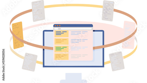 Illustration of a computer screen with floating documents and circular bands around the display